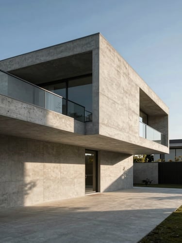 One-point perspective elevation of a modernist concrete residence, sharp geometric shadows cast by harsh afternoon sun, minimal landscape, empty of people.
