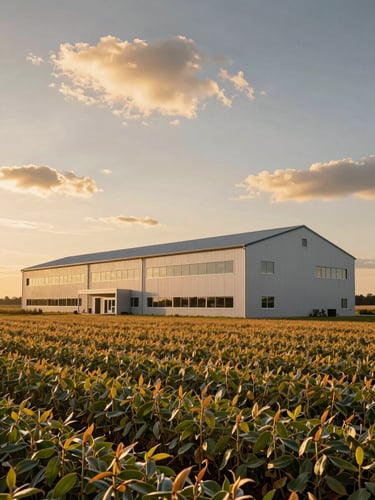 Low-angle shot of a modern, architectural farm headquarters building surrounded by vast soybean fields under a dramatic golden hour sky, clean lines.