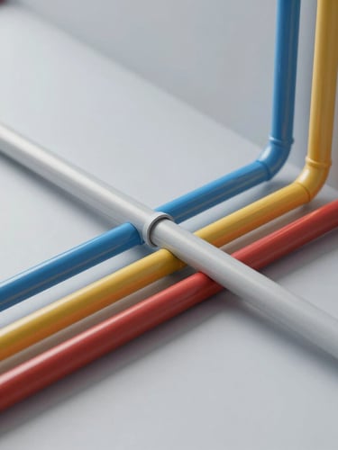 Extreme close-up of a complex 3D Revit BIM model render showing highly detailed sanitary pipe routing with multi-colored pipes intersecting cleanly on a light gray background, clinical technical lighting.