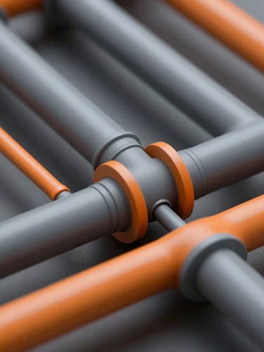 Extreme close-up of a high-fidelity Revit BIM model showing complex sanitary pipe routing with orange and slate color coding