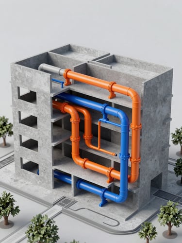 Vista axonométrica técnica de un modelo BIM que muestra tuberías sanitarias de PVC naranja y azul coordinadas sin colisiones dentro de una estructura de concreto gris, renderizado clínico y detallado.