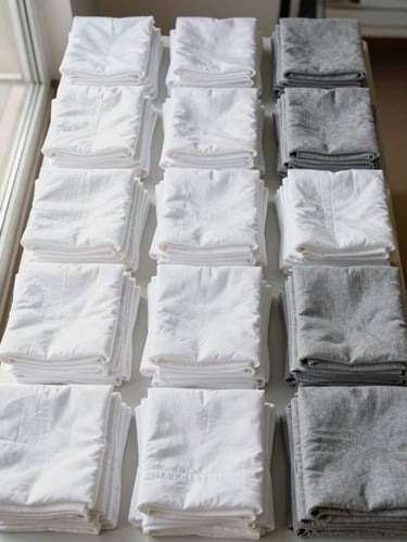 Overhead shot of neatly folded stacks of clean white and gray linens arranged in precise rows on a clean work surface, natural daylight from a side window, no people visible, flat lay composition emphasizing order and volume
