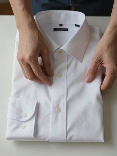 Close-up overhead framing of hands carefully folding a crisp white cotton shirt on a flat clean surface, natural daylight from the left, fabric texture and precise fold lines visible, organized and methodical