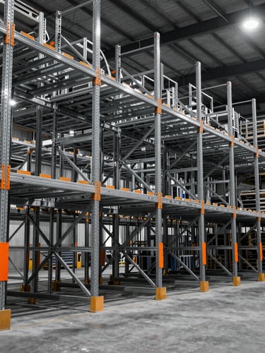 Wide-angle photograph of a pristine, high-capacity industrial warehouse with massive steel racks, desaturated tones with sharp safety orange markers, cool high-contrast overhead lighting, 35mm