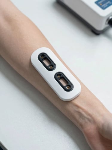 Overhead clinical lab shot of a wearable optical sensor positioned on a forearm against a clean white testing surface, high-key shadowless lighting, precision electrode contacts and optical apertures visible in sharp detail, no patient face visible, no lifestyle context