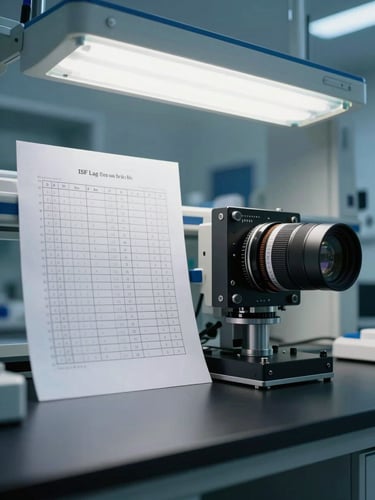 Wide overhead shot of a clinical testing bench in a controlled lab environment — a stark ISF lag comparison chart printed on white paper anchored beside the optical sensor module under shadowless fluorescent overhead lighting, blue-tinted clean room atmosphere, no people, tight framing on the hardware and chart surface