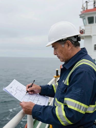 Close-up of a senior marine engineer in high-visibility safety gear analyzing a technical blueprint on the deck of an offshore vessel, overcast daylight
