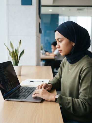 Medium close-up of an Indonesian female student coding on a laptop in a bright, modern minimalist workspace, soft natural window light, clean blue tones, sharp focus, 35mm