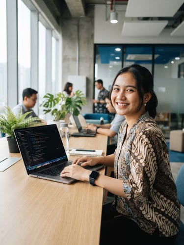 Indonesian student smiling in a bright modern tech workspace, laptop open with code on screen, soft natural window light, modern editorial photography style