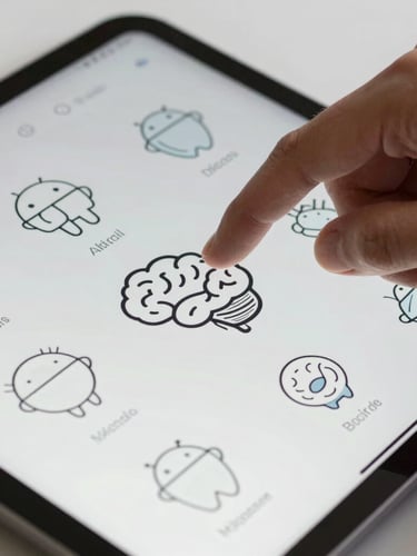 A tight, macro shot of a hand interacting with a native Android interface on a tablet, displaying minimalist illustrations of cognitive concepts under bright, even studio lighting.