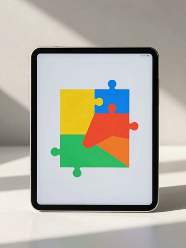 Front-on studio shot of a modern Android tablet displaying a colorful, clean geometric puzzle interface, soft natural shadows, bright even lighting.