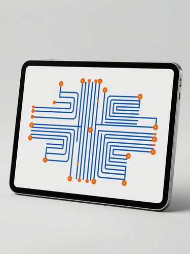 A high-fidelity vector mockup of a sleek Android tablet showing a complex geometric logic puzzle. Bright digital-ink blue lines and orange nodes form a circuit-like web on a clean light gray screen, minimalist studio lighting.