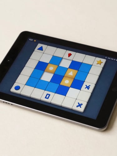 A crisp Android tablet mockup on a flat cream surface, displaying an active logic puzzle game with bold geometric shapes and vibrant blue accents, studio lighting.