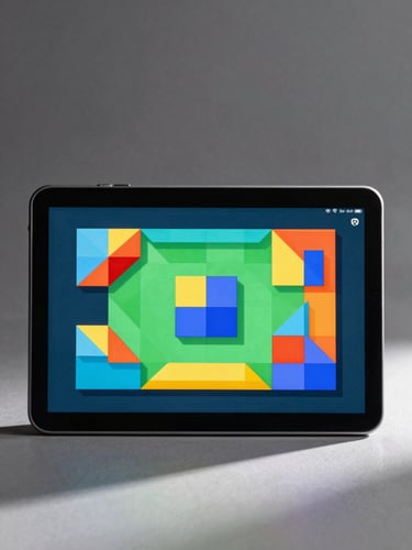 A crisp front-on mockup of an Android tablet displaying a vibrant, geometric logic game interface with soft studio shadows.