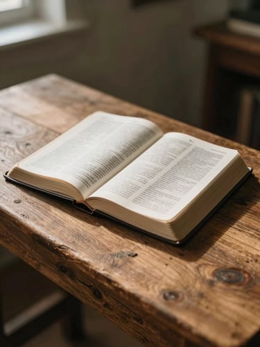 An open Bible resting on a rustic wooden altar table, soft natural daylight filtering from the side, warm organic tones, shallow depth of field.