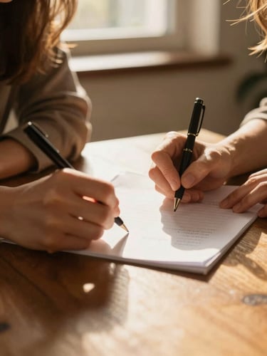 Close-up of two women's hands collaboratively writing notes on a wooden table, warm golden sunlight streaming across the paper, focused and dignified atmosphere.