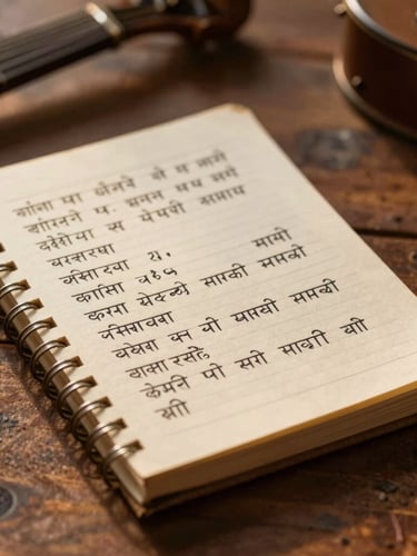 A close-up of a vintage hand-written Hindi lyric notebook on a rustic wooden table, soft golden-hour light illuminating Devanagari script, warm editorial photography style, shallow depth of field.
