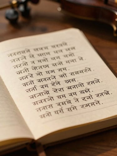 A vintage handwritten lyrics notebook with Hindi Devanagari script on textured paper, warm golden-hour light casting soft shadows, a wooden desk surface, macro detail, shallow depth of field