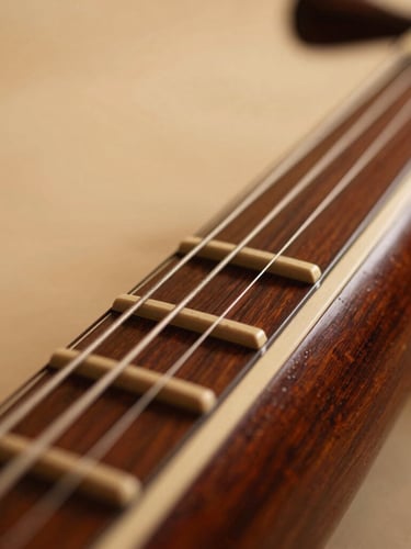 Macro close-up of a classical Indian sitar strings and polished wood, warm soft studio lighting, rich deep amber tones, elegant craftsmanship, shallow depth of field