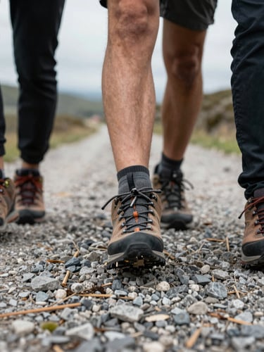 Close-up action detail of three pairs of hiking shoes walking on a gravel path during overcast daylight, dynamic movement.