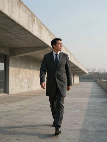 Wide environmental shot of a manager in a charcoal coat walking along a concrete architectural pathway under crisp morning light, looking toward the horizon.