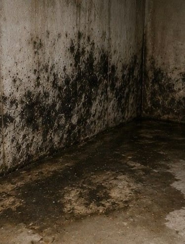 black mold growing on basement walls and floor of Colorado Springs home after prolonged moisture exposure requiring