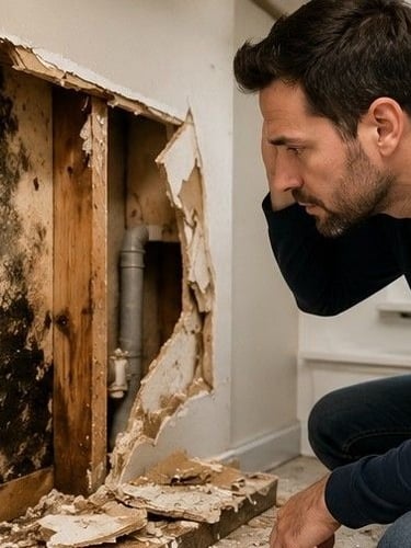 homeowner discovering hidden mold growth behind wall during Colorado Springs property inspection revealing moisture damage