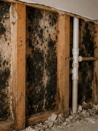 severe mold damage to drywall and wooden framing inside Colorado Springs home requiring professional restoration after mold