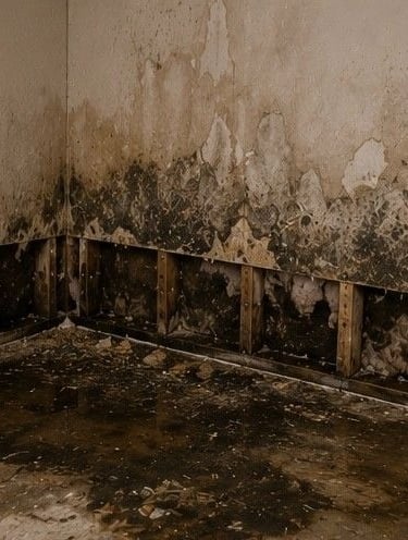 water damaged walls and flooring in Colorado Springs property showing mold growth beginning after prolonged moisture
