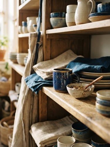 Curated shop shelves bathed in warm morning window light, handmade ceramics and linen textiles beautifully arranged, shallow depth of field, 35mm