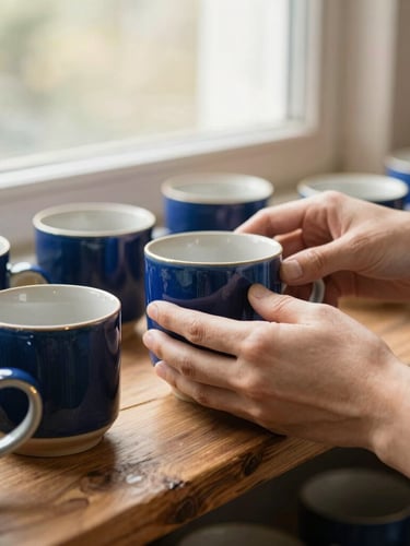 Close-up of hands carefully arranging handmade ceramic mugs on a rustic wooden shelf, warm morning window light, shallow depth of field, 35mm