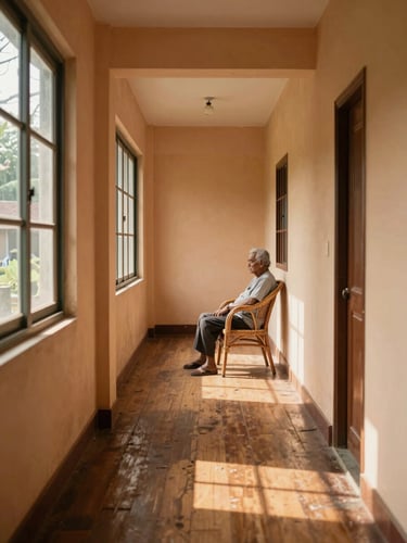 Wide environmental shot of a quiet Kerala care home corridor, warm afternoon light falling through a tall window onto worn wooden flooring, an elderly resident seated in a cane chair near the far end, soft ochre walls, unhurried stillness, eye-level framing, no clinical equipment visible