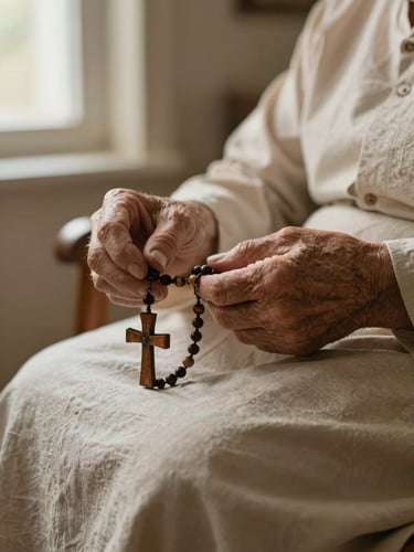 Close-up of elderly resident hands gently holding a worn wooden rosary on a linen-covered lap, soft diffused window light from the left, warm ochre tones, intimate eye-level framing, no faces visible, quiet and reverent atmosphere