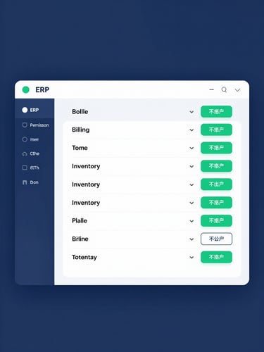 Clean digital UI render of user permission control panel in ERP software, showing toggles for billing and inventory access, crisp studio lighting, corporate blue and emerald green accents