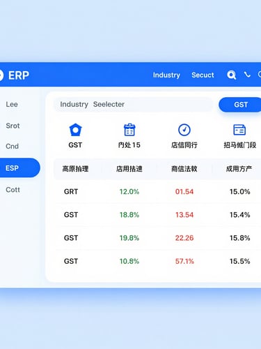 Straight-on clean digital UI mockup of an ERP dashboard showing industry selector and GST billing configurations, bright studio lighting, corporate blue tones