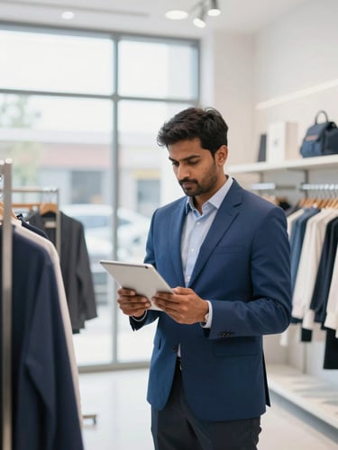 A focused Indian retail shop owner managing stock on a tablet inside a bright, modern clothing store, clean daylight, professional atmosphere
