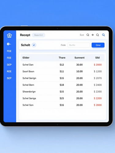 Straight-on crisp software dashboard showing school fee receipt generation and student attendance tracking, bright clean studio lighting, corporate blue tones