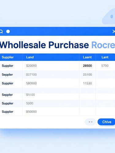 A crisp digital screenshot of a wholesale purchase order screen with supplier ledger entries, clean light background, professional corporate blue accents.