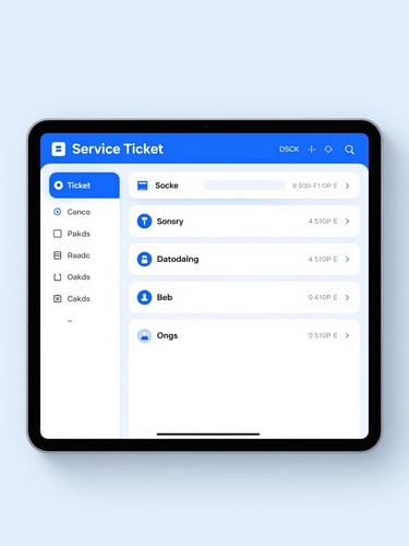 Straight-on clean digital UI render of a service ticket dashboard on a tablet, bright studio lighting, professional corporate blue tones, high-fidelity