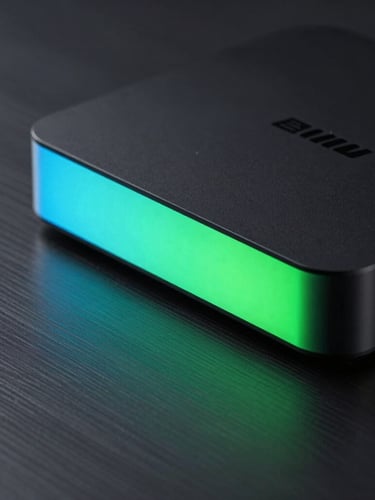 Cinematic close-up of a sleek black media streaming device casting a vibrant electric cyan and emerald green glow onto a dark brushed metal surface, shallow depth of field, high contrast.