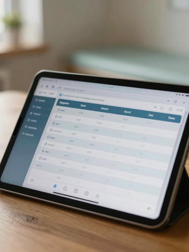 Close-up of a tablet displaying a clean, structured clinical scheduling interface, resting on a wooden desk in a warm, sunlit therapy room, soft focus.