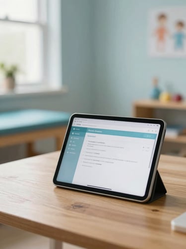A warm, professional pediatric therapy workspace with soft natural daylight, a tablet displaying clean clinical software on a wooden table, calming sage tones, shallow depth of field.