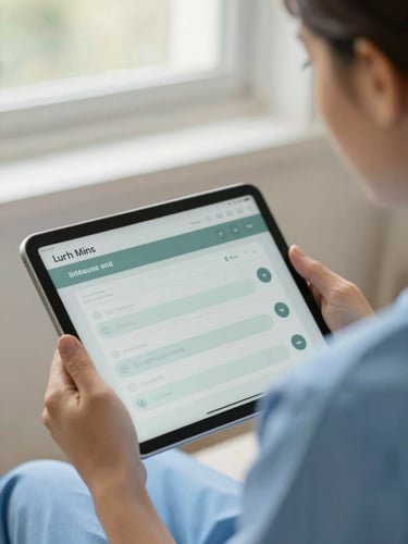 Close-up of a therapist in warm natural daylight using a tablet with a clean software interface, muted blue and sage tones