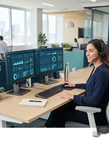 A bright, clean corporate office daylight setting with a professional agent workspace featuring dual monitors displaying data dashboards, cool blue and teal accents, sharp focus, 35mm