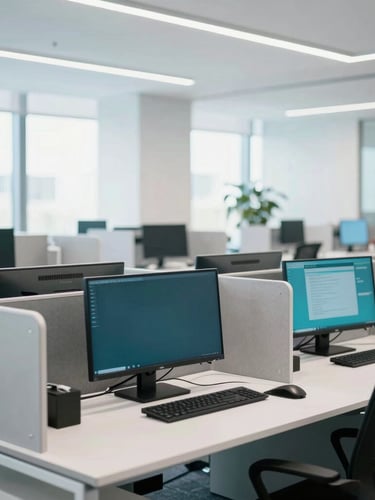 Wide environmental shot of a modern, clean, well-lit collaborative workspace with high-tech agent setups and dual monitors, bright daylight with subtle cool teal accents, 35mm