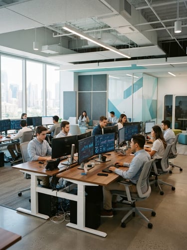 Wide environmental shot of a modern, clean, well-lit collaborative workspace with high-tech agent setups, dual monitors displaying data dashboards, bright clean office daylight with subtle cool blue and teal accents, sharp focus, 35mm