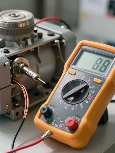 A close-up photograph of a digital multimeter testing the copper wiring of a refrigerator compressor, bright daylight workshop, sharp focus on the metallic probes.
