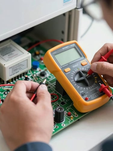 Macro shot of a technician using a digital multimeter to test a refrigerator control board, natural workshop lighting, shallow depth of field