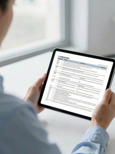 Over-the-shoulder shot of a professional accountant showing tax documents on a tablet screen in a bright modern office with natural window light, soft blue and gray tones.