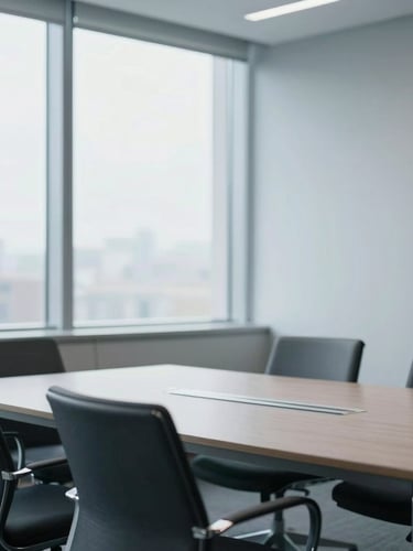 Bright professional photography of a modern, clean corporate office meeting room, natural window light, soft slate gray tones, shallow depth of field